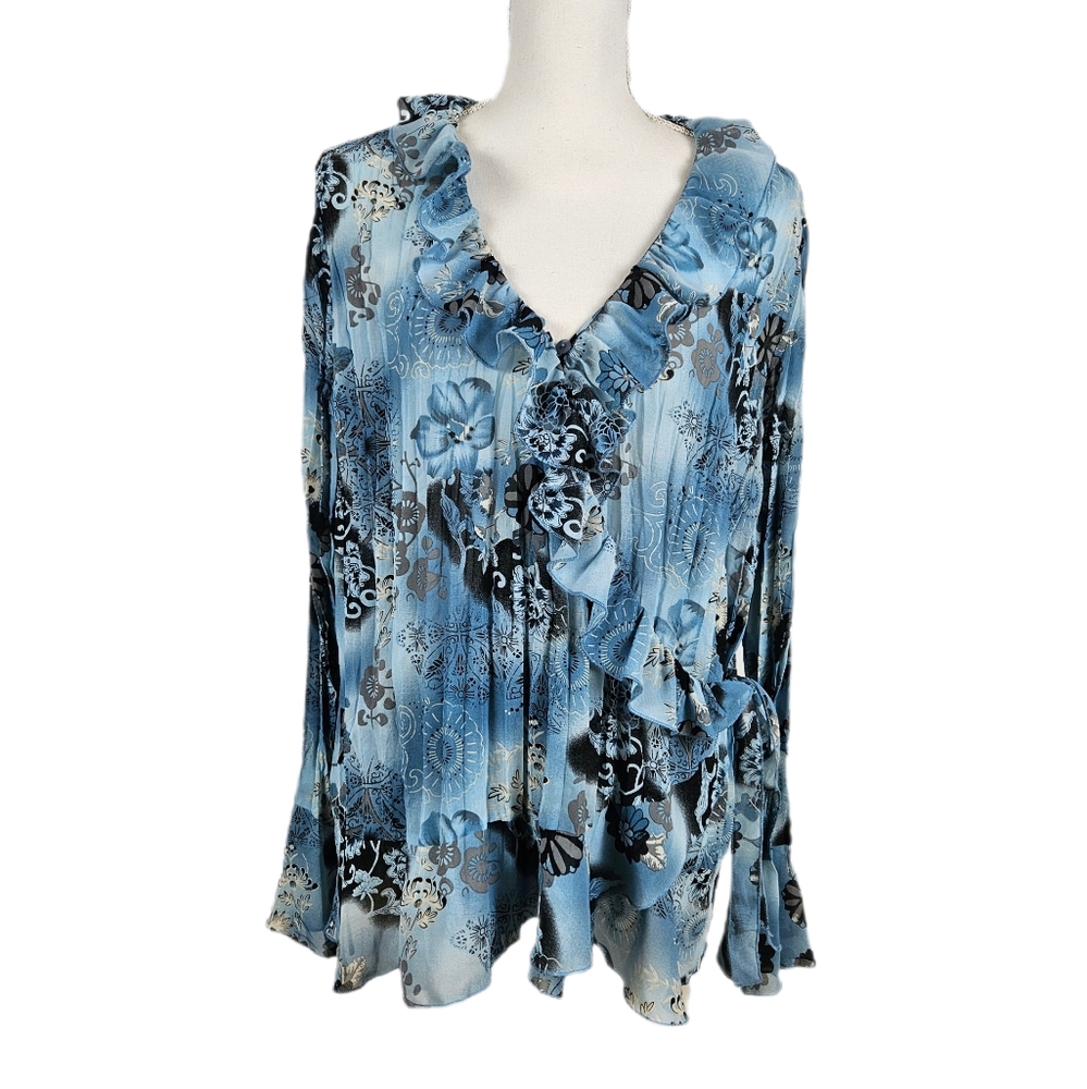 Y2k Sheer Blue Blouse Crinkle Ruffle Floral Wrap Bell Long Sleeve Vtg Womens 2x